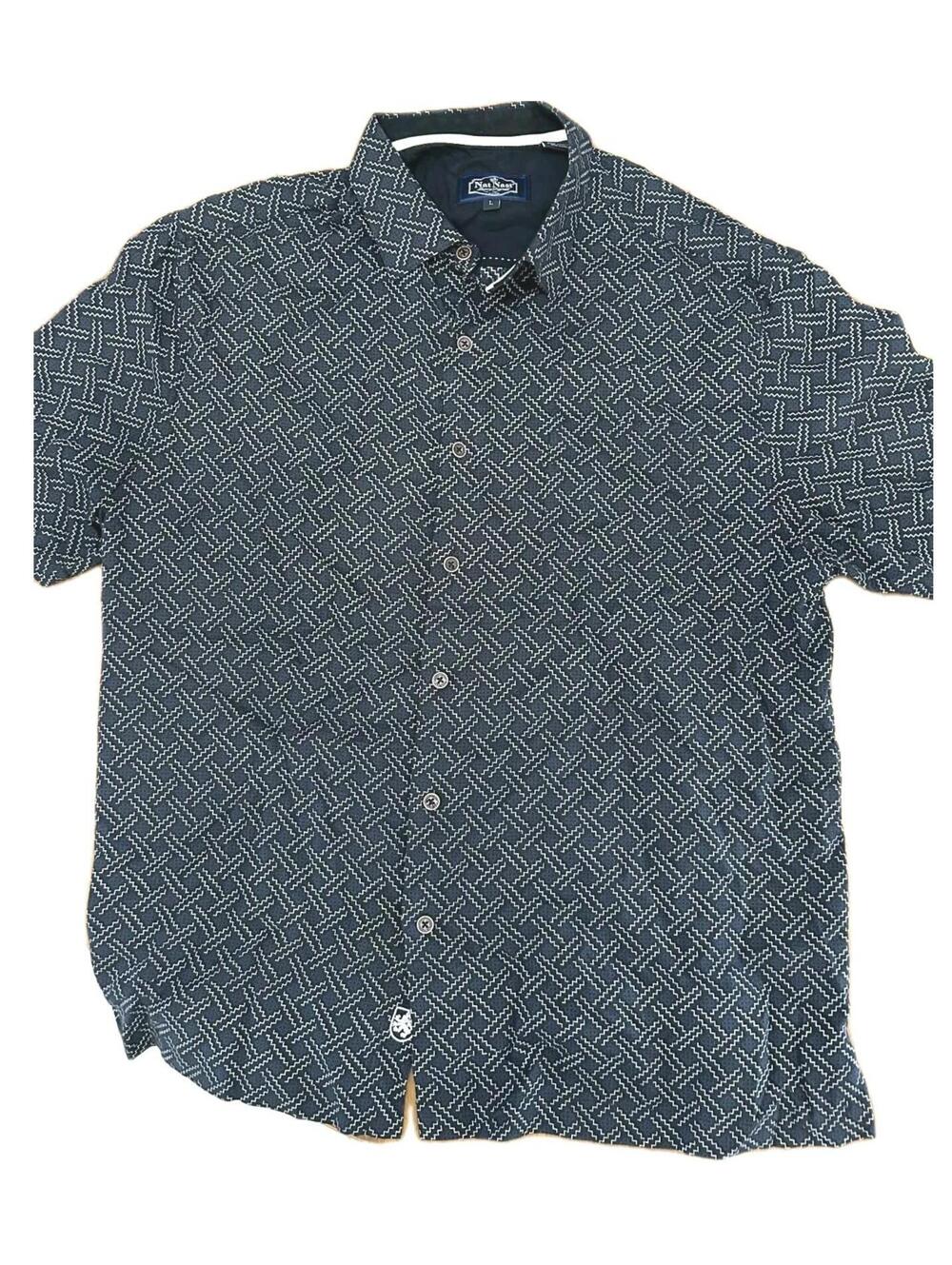 Nat Nast Blue w/White Geometric  Short-Sleeve Button-up Shirt 70% Silk Men’s L